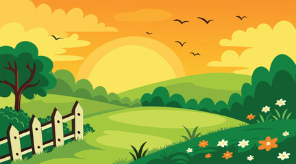 Obraz premium Sunset landscape with birds flying over green hills