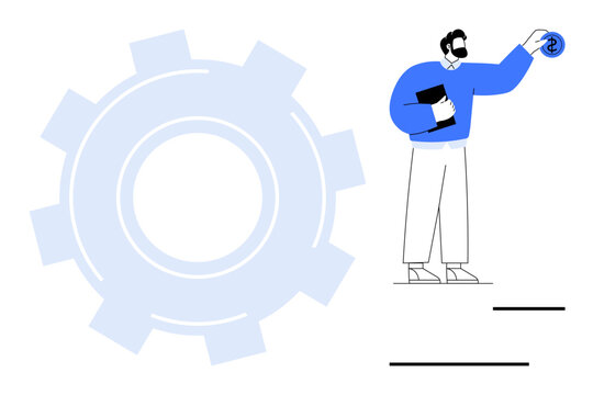 Man holding a dollar coin next to a large gear, carrying documents. Ideal for finance, productivity, economy, business growth, investment strategies, planning and efficiency. Simple flat metaphor