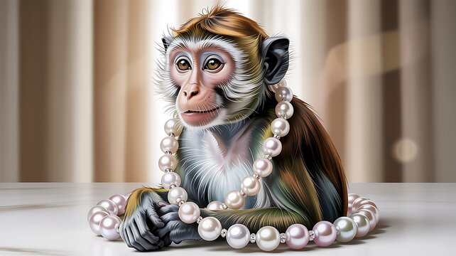 Adorable monkey wearing classic pearls creating charming whimsical animal artwork photo
