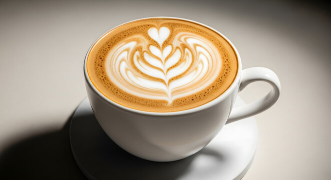 Close-up shot of a cappuccino with a beautiful floral latte art design served on a saucer