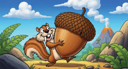 Hilarious cartoon squirrel clutching giant acorn with prehistoric volcano background - perfect for animation, children's books, and fun educational content © Gimhana
