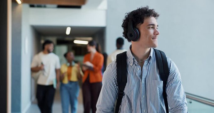 Man, student and happy with headphones at campus, excited and high five for greeting at college. Person, smile and streaming music with fist bump, hello or walk with audio subscription at university