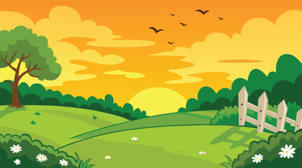 Fototapeta premium Sunset landscape with birds flying over green field