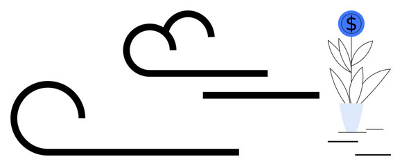 Stylized wind blowing toward potted money plant symbolizing growth and investment. Ideal for finance, sustainability, investment, growth, nature, wealth, innovation. Simple flat metaphor
