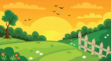 Obraz premium Sunset landscape with birds flying over green field