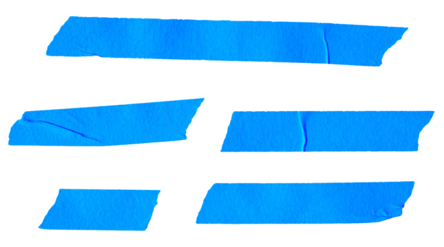 Set of ripped torn paper adhesive blue masking tape on transparent background