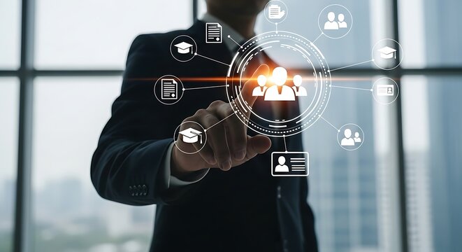 Businessman touching a network of people and icons representing education and business, symbolizing connections and growth