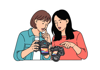 Two Women Reviewing Photos on DSLR Cameras with Colorful Screens