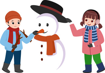 Kids Building a Snowman – Cute Winter Children Illustration