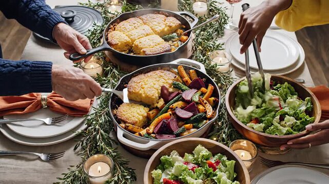 A diverse group of friends and family gather around a beautifully set table for a festive thanksgiving dinner party happy thanksgiving - Powered by Adobe