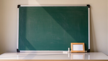 Empty green chalkboard with a wooden frame, chalk, and a small picture frame on a teacher's desk. Concept of education, learning space, or school subject background.