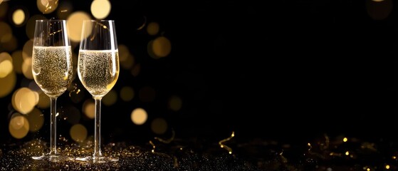 Champagne for festive cheers with gold sparkling bokeh background, glasses of sparkling wine in front of tender bright gold bokeh, horizontal background for celebrations and invitation cards space.