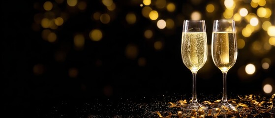 Champagne for festive cheers with gold sparkling bokeh background, glasses of sparkling wine in front of tender bright gold bokeh, horizontal background for celebrations and invitation cards space.