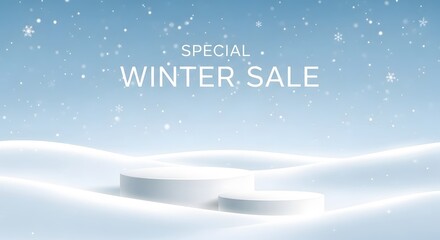 Special winter sale background with snow and empty product podiums