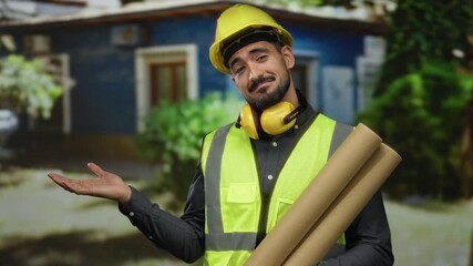 Construction worker wearing safety gear on urban street holds blueprints while gesturing outdoors with a confident smile, embodying a professional and approachable demeanor.