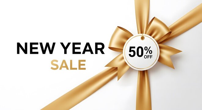 New year sale banner with golden ribbon and 50% off tag design