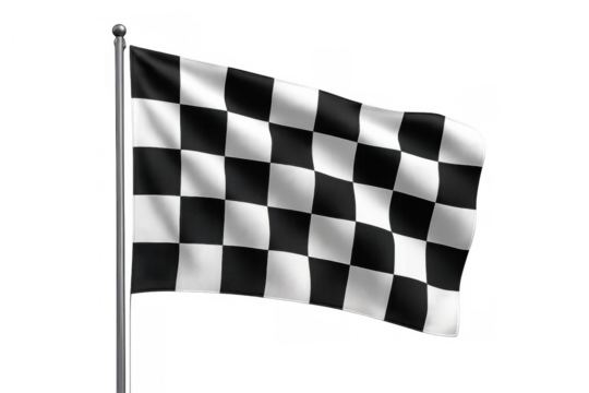 Checkered flag waving on a pole, symbolizing racing finish line, victory, competition, and motorsport on transparent background