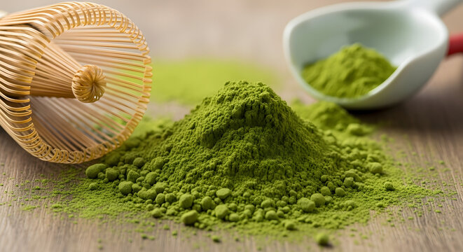 Aromatic ground matcha green tea powder on a rustic wooden surface with essential tools for a Japanese tea ceremony