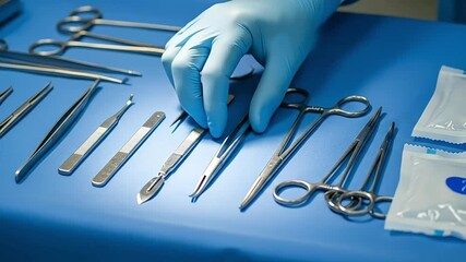 Close-up of gloved hands arranging surgical instruments on a sterile surface.
