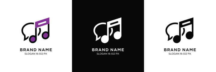 Three sleek music-themed logos featuring headphones and musical notes in purple, black, and white for branding purposes.