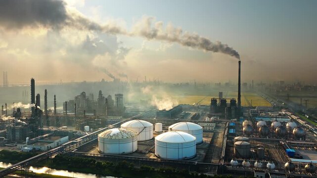 Aerial shot of an oil refinery and chemical plant industrial complex with smoke stacks emitting smoke, causing air pollution.