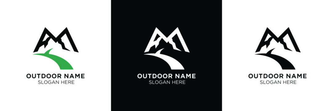 Three sleek mountain logos in black and green, ideal for outdoor brands, with text placeholders for customization.