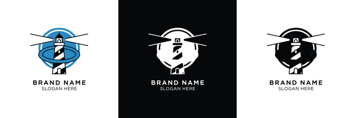 Three logo variations featuring a lighthouse icon with different color schemes and text placeholders for branding purposes.