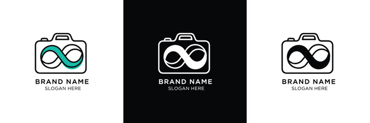 Three sleek camera logos featuring infinity symbols, ideal for photography branding and modern design projects.