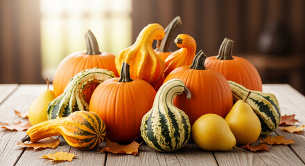 Collection of pumpkins, gourds and pears with autumn leaves on wood table. Representative of harvest, fall season, and abundance of nature's bounty