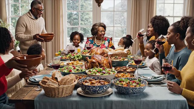 A multigenerational african american family gathers around a beautifully set table for a thanksgiving feast, sharing food and laughter happy thanksgiving