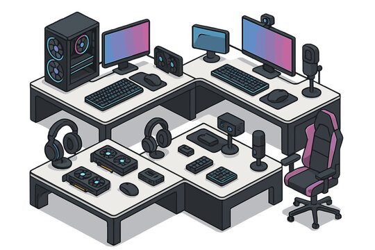 Professional gaming and streaming setup with multiple computers and high-end hardware components