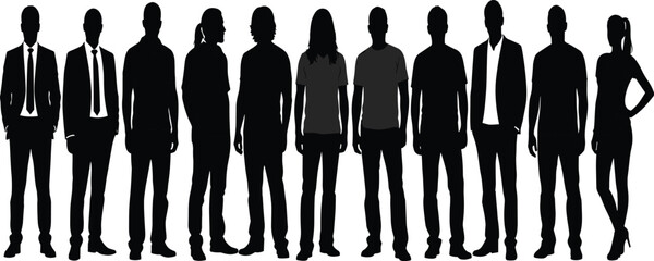 A group of diverse silhouetted people standing together in various poses, representing unity, teamwork, modern community, social connection, and MAS workflow concepts.