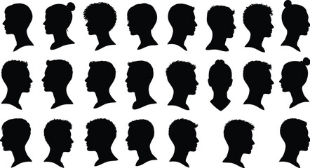 Large set of diverse people's head silhouettes in profile view, men and women showing various hairstyles and facial shapes, anonymous vector portraits isolated on white.