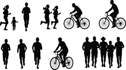 Silhouettes of people running and cycling, showcasing outdoor fitness, active lifestyle, family exercise, group training, healthy movement, and recreational sports activities.