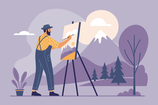 Man painting vibrant mountain landscape on easel outdoors, capturing nature's grandeur, scenic vista, artistic creation, wilderness beauty.