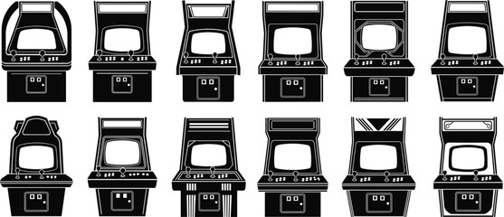 Arcade cabinet vector set, black and white retro gaming icons, joystick and screen designs, vintage game machine graphics, entertainment themed elements