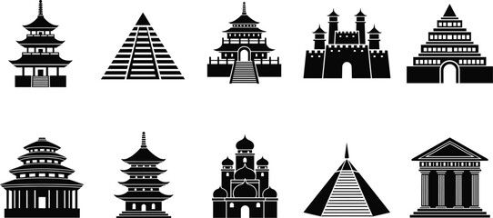 Architectural silhouette vector set, cultural building icons, historical structure designs, black clipart bundle, editable landmark collection, global architecture concept