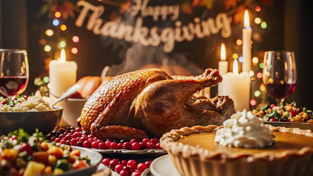 A festive thanksgiving dinner table setting with roasted turkey, pumpkin pie, candles, and fall decorations for a holiday feast happy thanksgiving