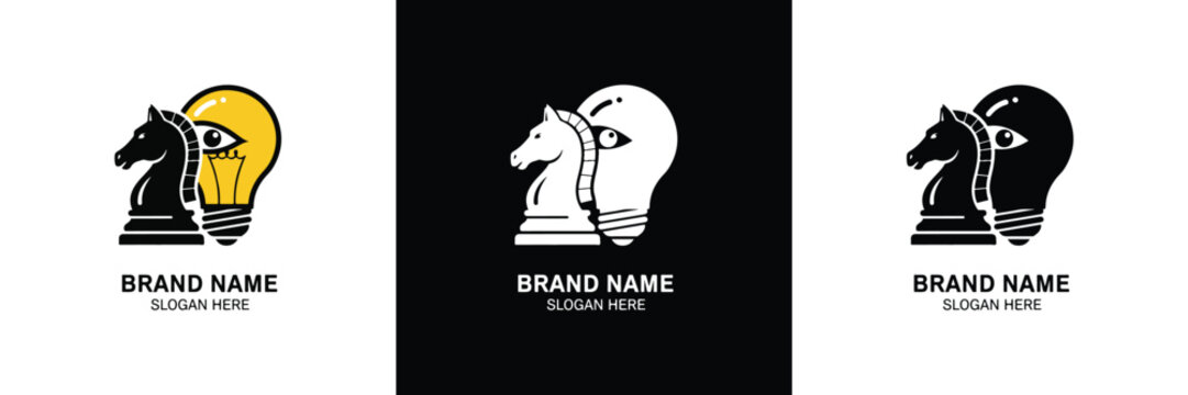 Three chess knight logos in yellow, black, and white with editable brand name placeholders, ideal for branding. - Powered by Adobe