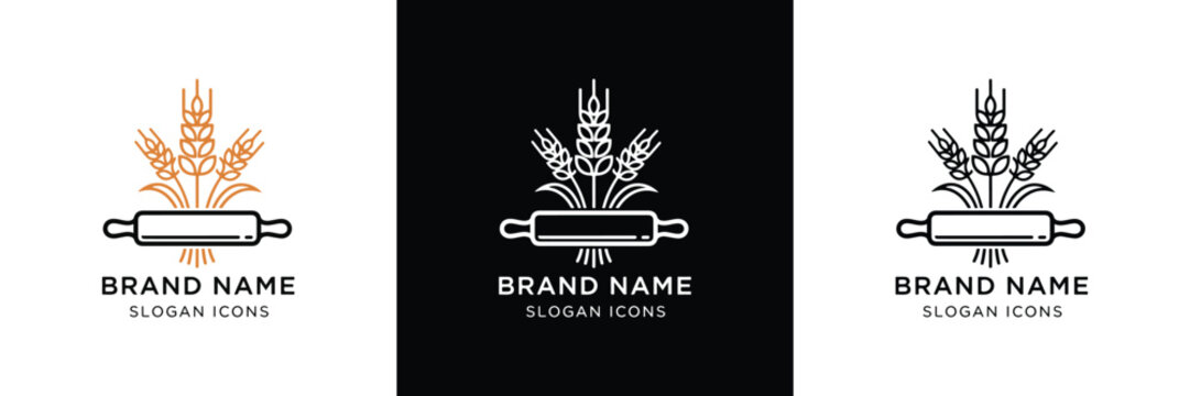Three vintage bakery logos featuring wheat, rolling pin, and brand name for business identity design needs.