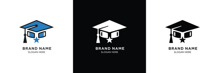 Three graduation cap logos in blue, white, and black with editable text for brand or company names. Perfect for branding needs.