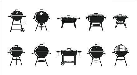 Barbecue grill silhouette vector set, outdoor cooking equipment, black BBQ icons, grilling tools collection, summer kitchen design, editable clipart bundle
