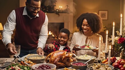 A happy african american family celebrating thanksgiving dinner together at home with a roasted turkey and all the trimmings happy thanksgiving
