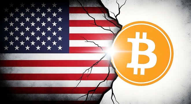 Usa flag and bitcoin symbol cracking apart