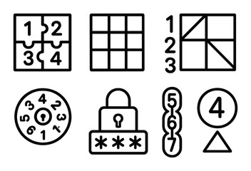 Black puzzle icons on textured gray background: lock, numbers, shapes