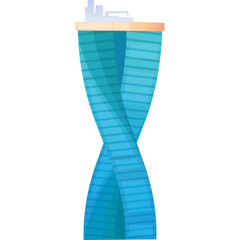 Modern Twisted Skyscraper Building with Blue Glass Facade and White Rooftop Details Against a White Background