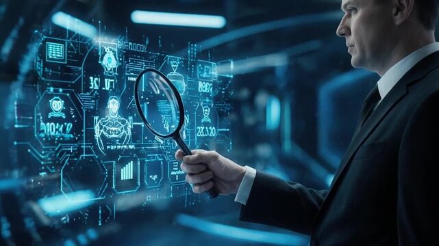 businessman pressing virtual buttons