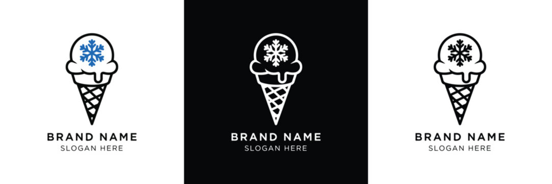 Three minimalist ice cream logos featuring snowflake designs and brand name placeholder text in monochrome color scheme.