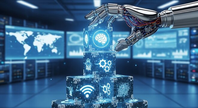 Robotic hand assembling a glowing blue cube with a brain icon on top, symbolizing artificial intelligence and technology in a server room
