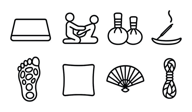 Minimalistic icons of yoga, massage, aromatherapy, relaxation, and wellness